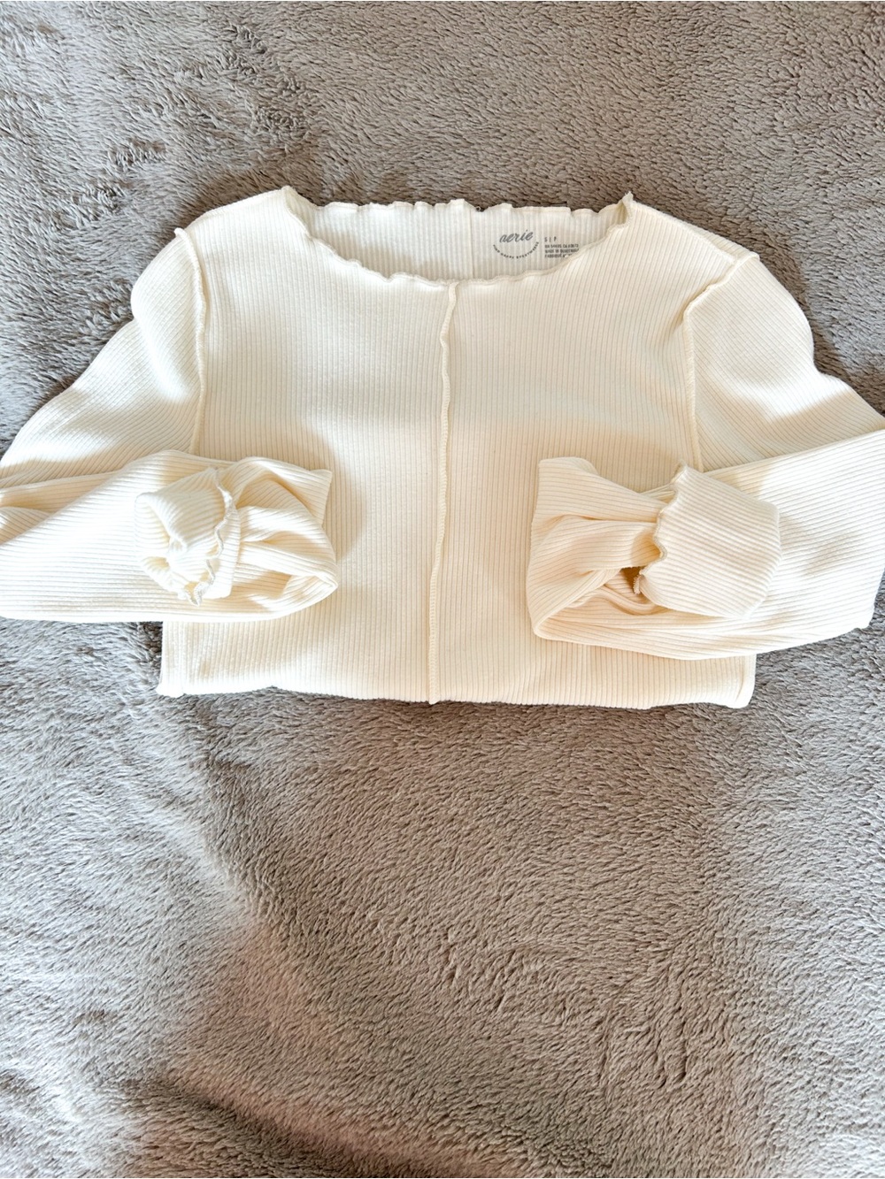 Aerie Cream Ribbed Scallop-Edge Long Sleeve Top
